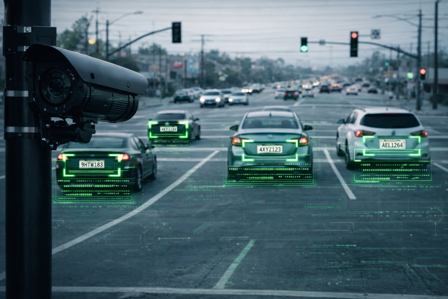 Surveillance camera scanning license plates at busy intersection